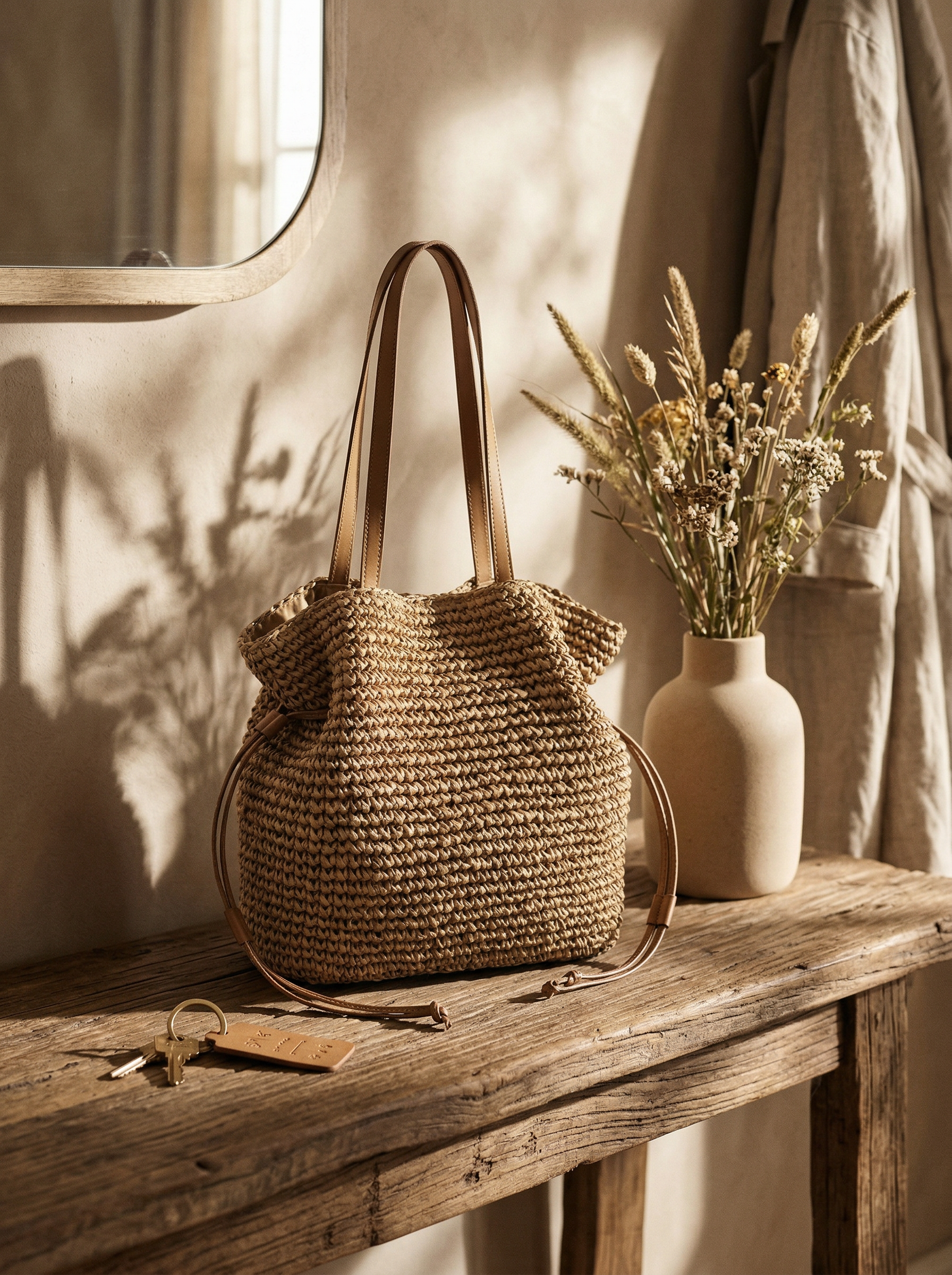 Artisanal Hand-Crocheted Straw Bucket Bag